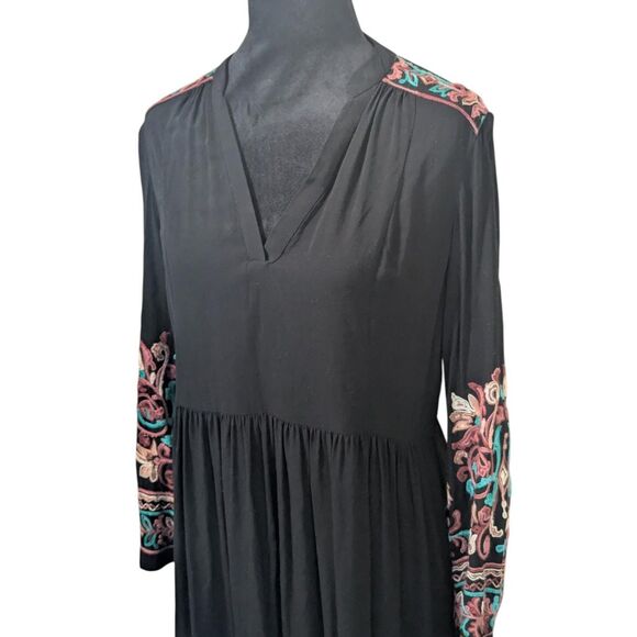 Anthropologie Embroidered Tunic Dress S Black Boho Luxe Floral Long Sleeve - Picture 2 of 8